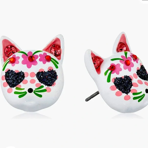 New Betsey Johnson Sugar Skull Cat Stud Earrings - Picture 6 of 12